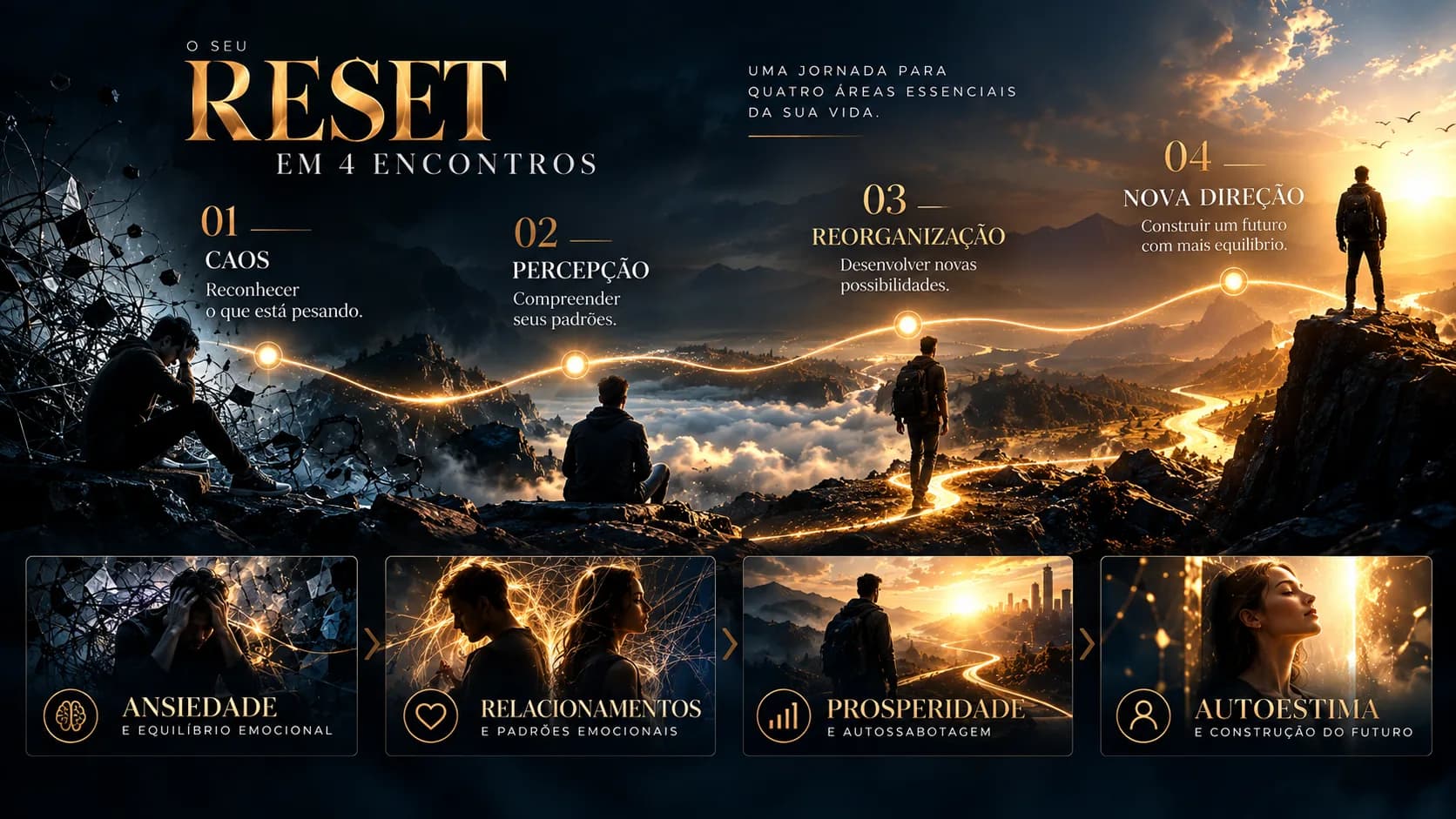 Ilustração da jornada RESET: uma pessoa atravessa quatro etapas, do caos à nova direção, até chegar ao topo de uma montanha ao nascer do sol.